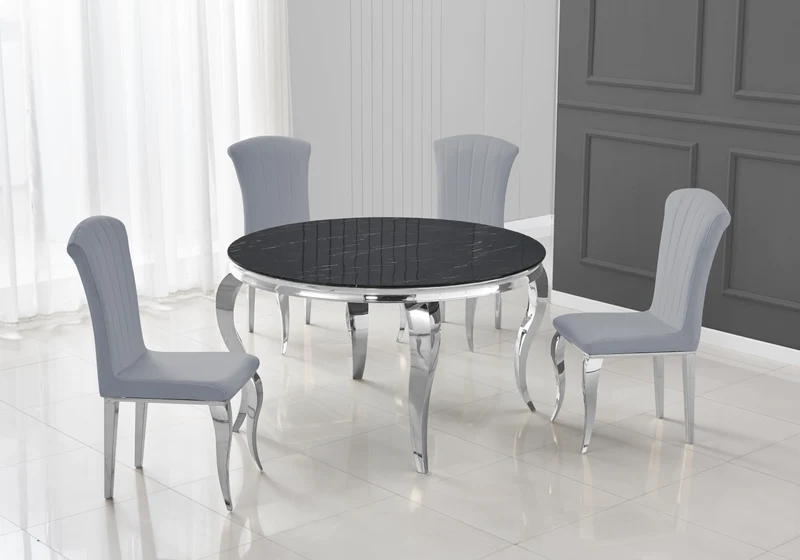 Table ronde marbre noir et 4 chaises argent – Neo