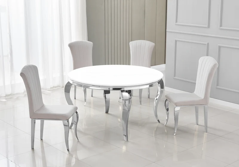 Table ronde verre blanc et 4 chaises argent – Neo