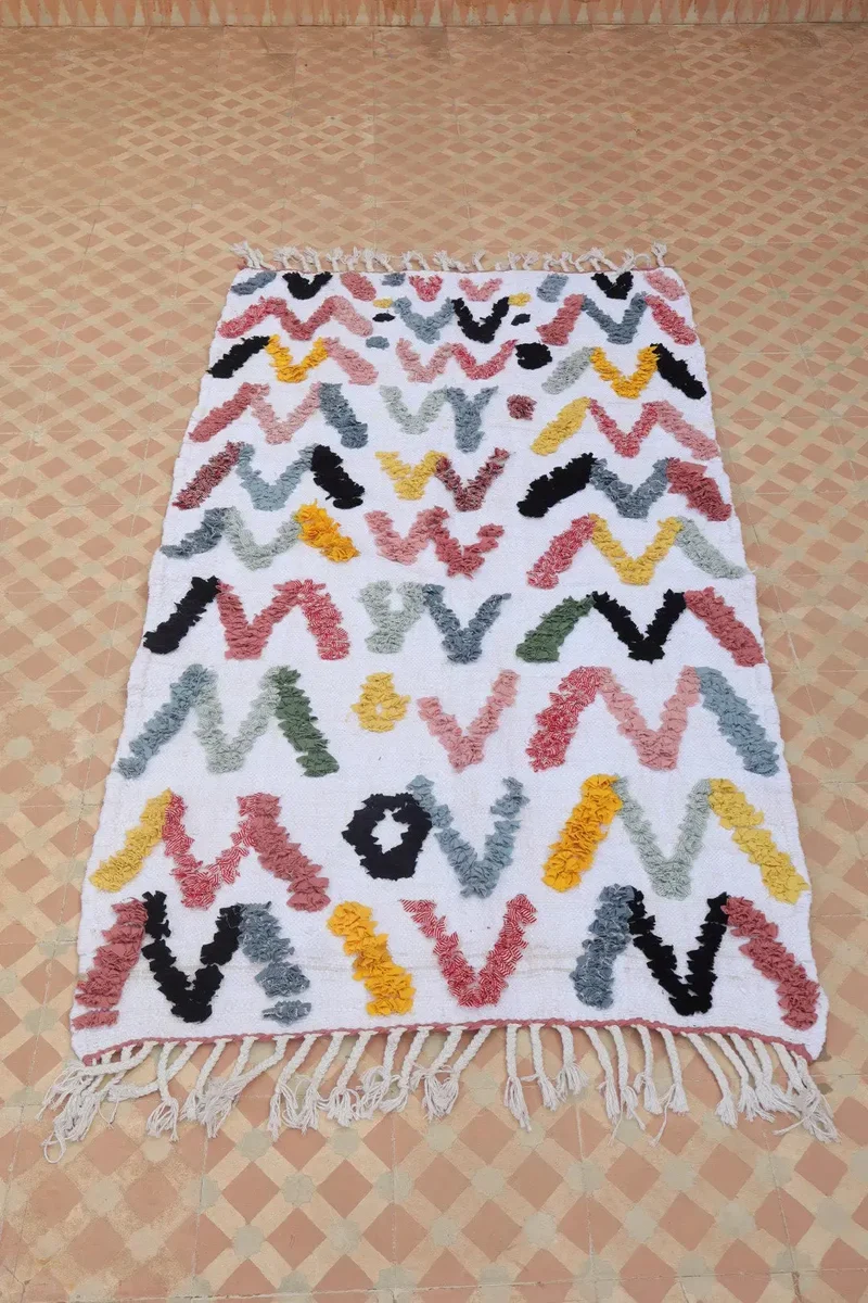 Tapis Berbère Boucherouite Coloré Géométrique – Coton recyclé et lavable - 165 x 93 cm