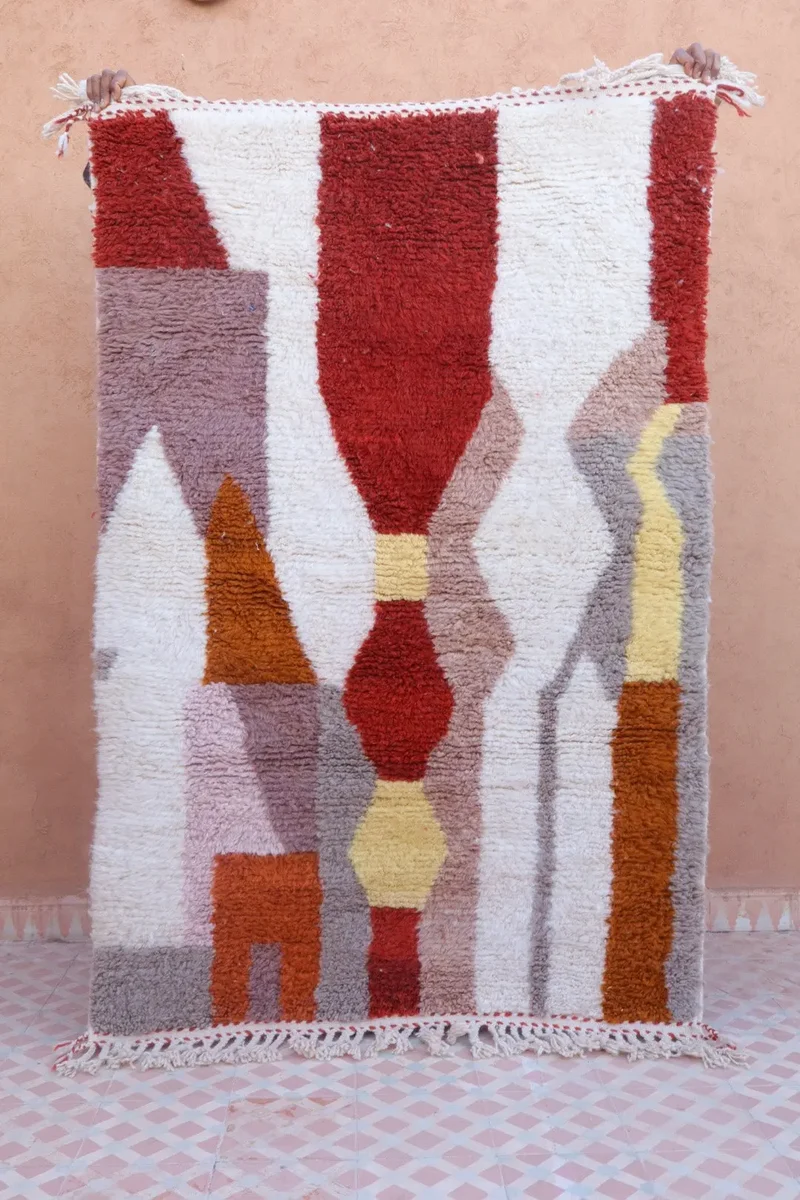 Tapis Berbère Béni Ouarain à Motifs Bordeaux Rouille Taupe- 172 x 112 cmu