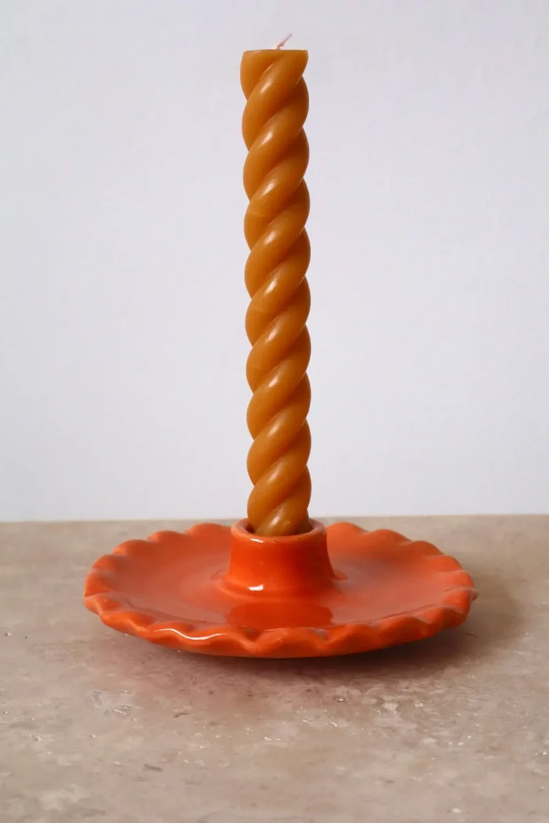Bougeoir en Céramique Fait-Main Assiette Dentelée Orange « NÉNUPHAR »