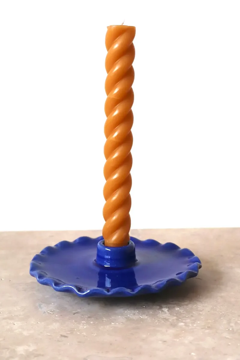 Bougeoir en Céramique Fait-Main Assiette Dentelée Bleu Nuit « NÉNUPHAR »