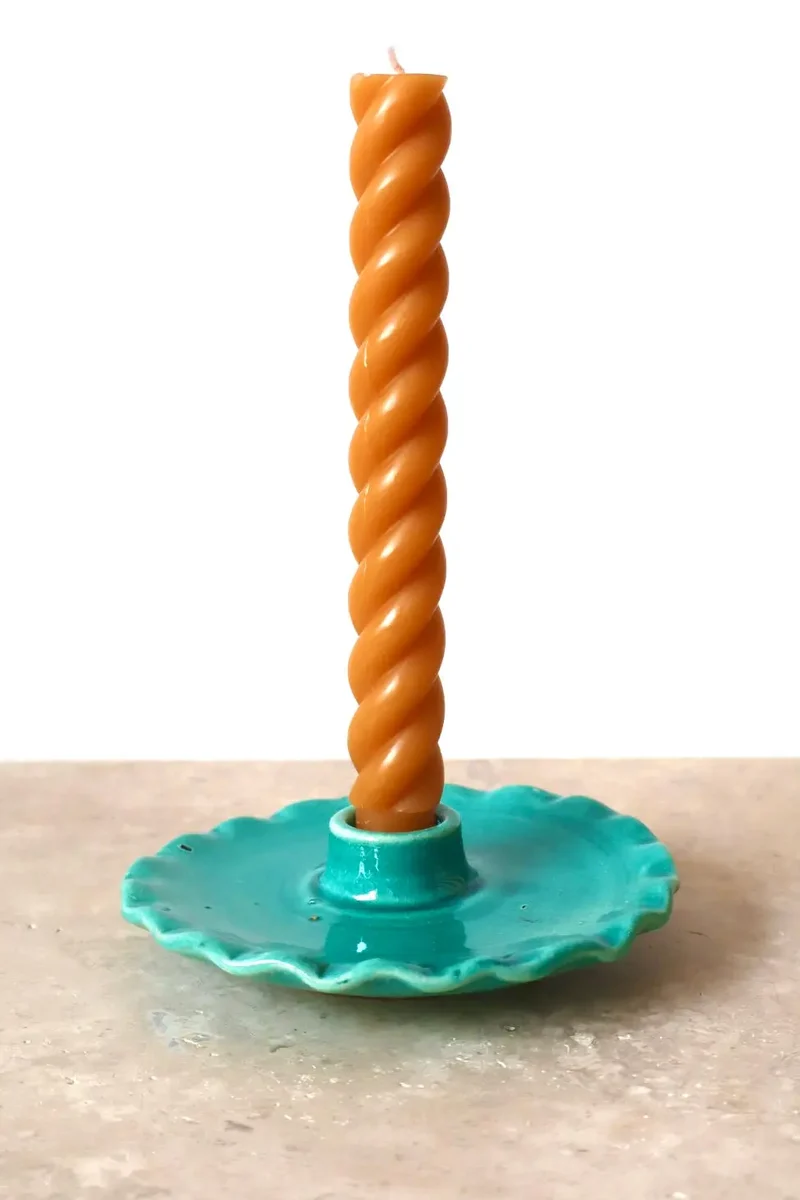 Bougeoirs en Céramique Fait-Main Assiette Dentelée Turquoise « NÉNUPHAR »
