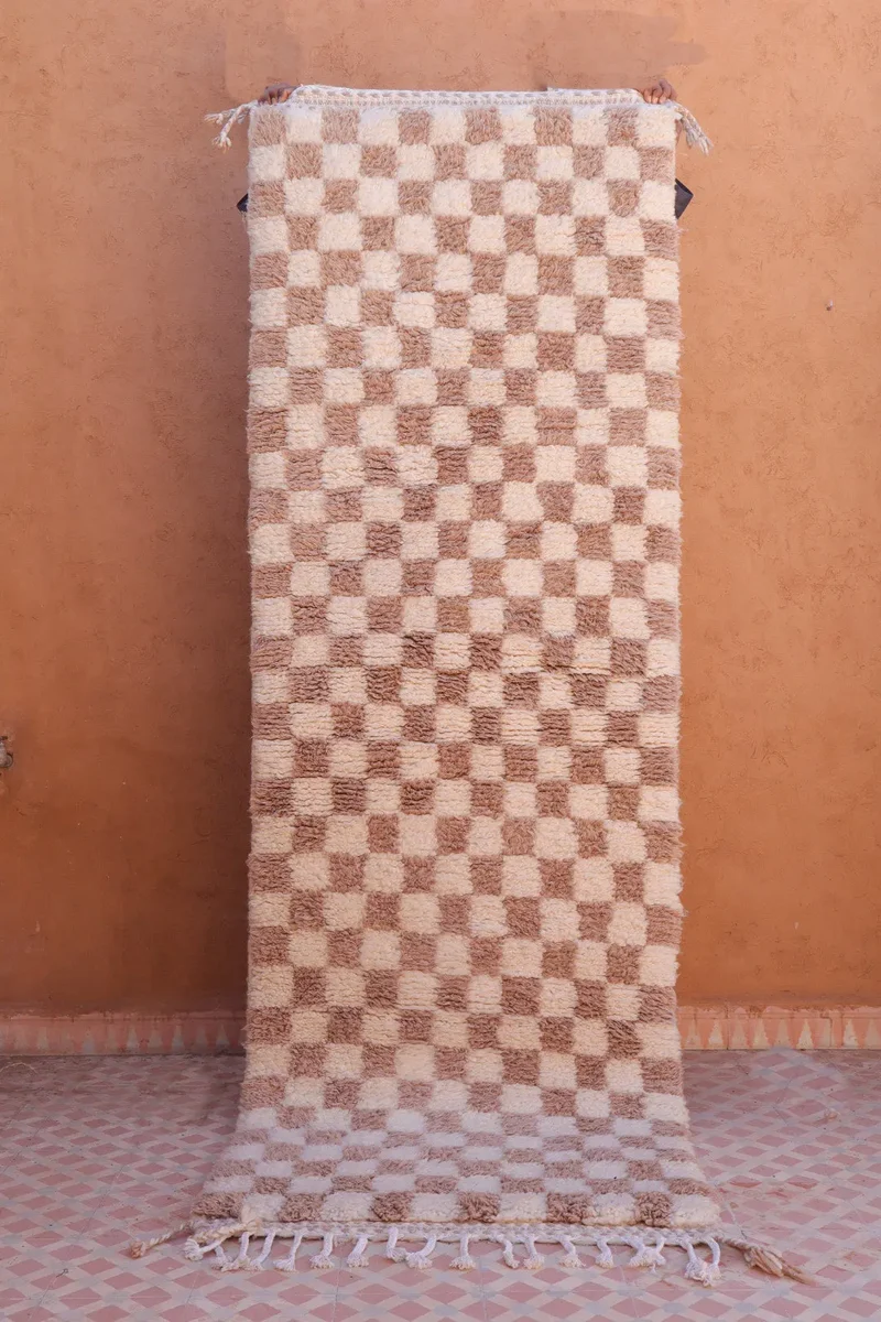 Tapis Berbère Couloir Béni Ouarain Damiers Beige - 250 x 83 cm