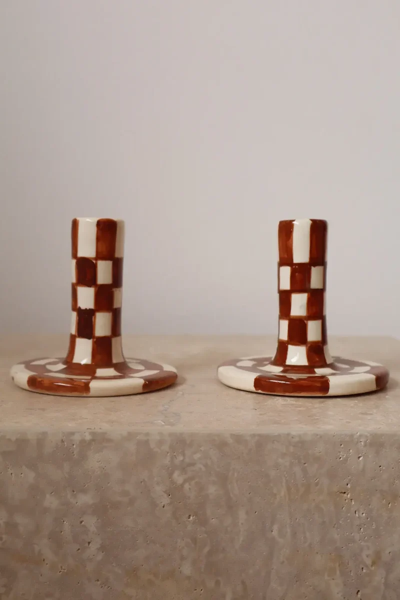 Bougeoirs en Céramique Fait-Main Damiers Marron et Blanc
