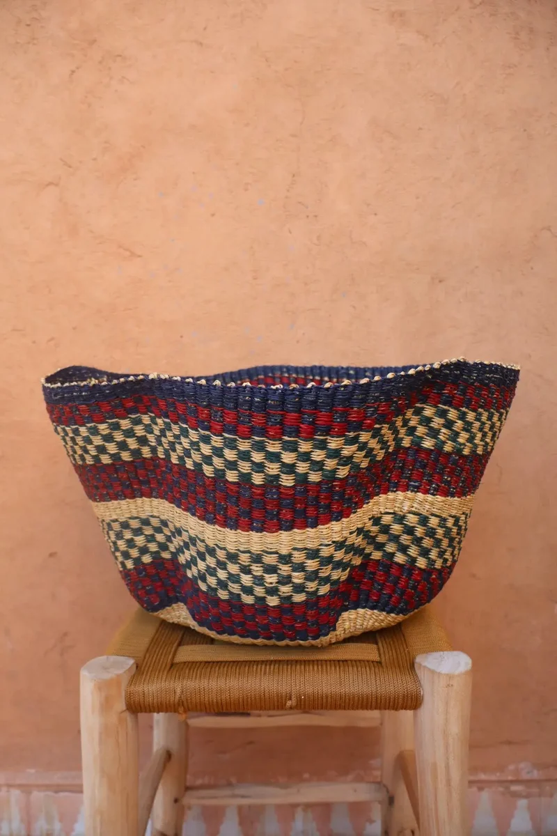 Panier Bolga Décoratif - Suspension Artisanale Colorée Bordeaux Marine