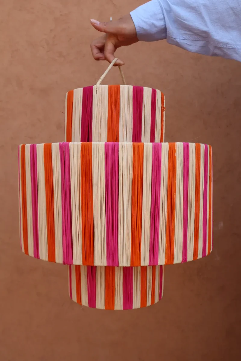 Suspension en Raphia Rayée Rose, Orange et Naturel - « SUNNY »