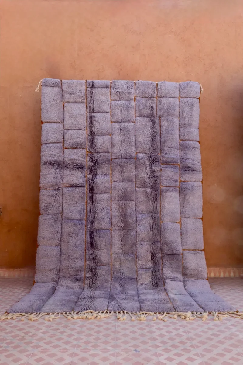Tapis Berbère Mrirt Gris et Jaune Moutarde Motifs Carrés Reliefs- 256 x 155 cm