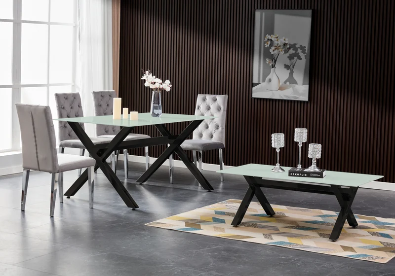 Salle à manger verre trempé pieds X noirs - Cross