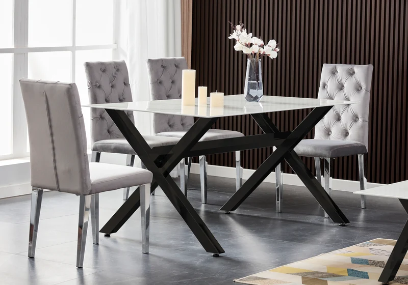 Table marbre blanc et 4 chaises X noires - Cross