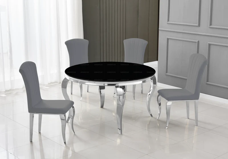 Table ronde verre noir et 4 chaises argent – Neo