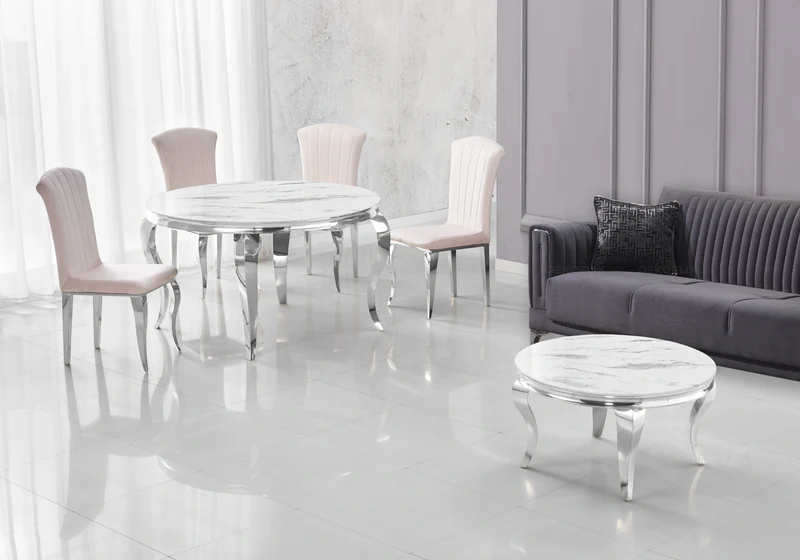 Salle à manger ronde marbre blanc argent – Neo
