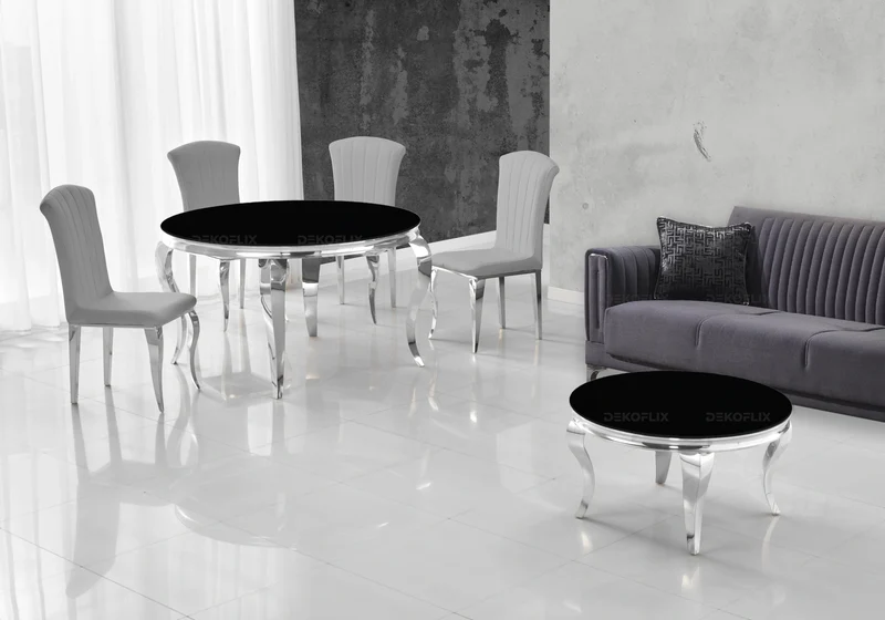 Salle à manger ronde verre noir argent – Neo