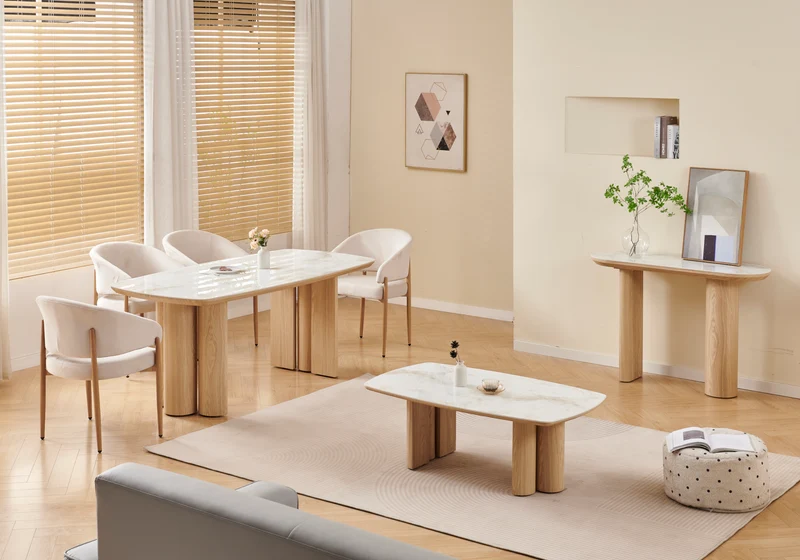 Salle à manger complète marbre beige et bois - Doria