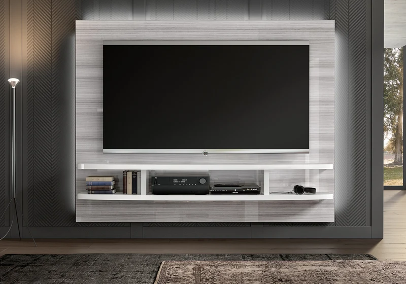 Meuble TV mural gris argent et blanc design - Mia