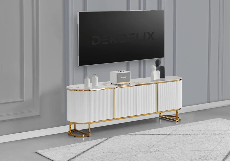 Meuble TV ovale cannelé marbre beige doré - Nalia