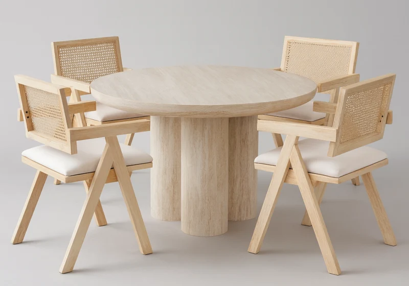 Ensemble table ronde travertin et chaises cannage - Lumia
