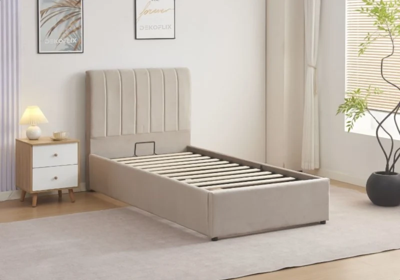 Lit coffre 90x190 velours taupe avec sommier - Onora