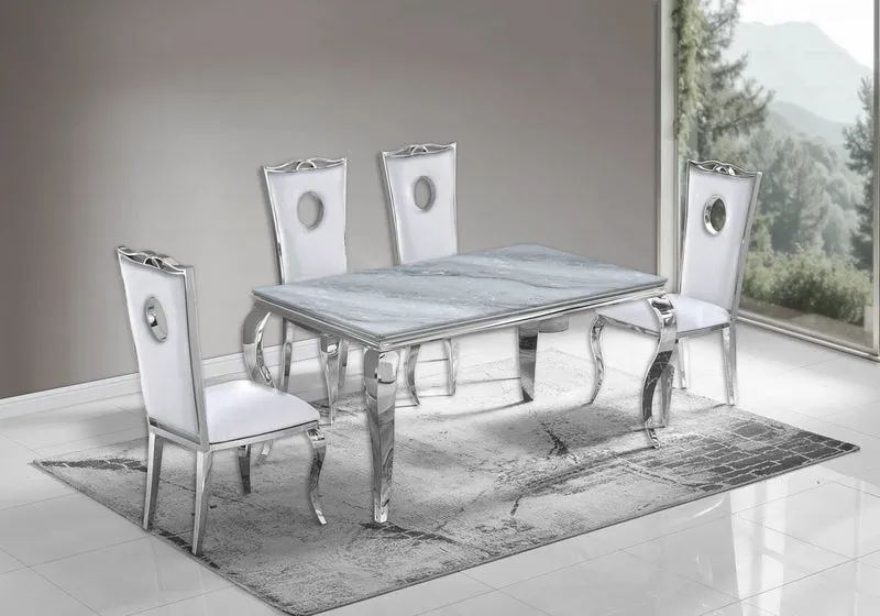 Ensemble table marbre gris et 4 chaises argent – Neo
