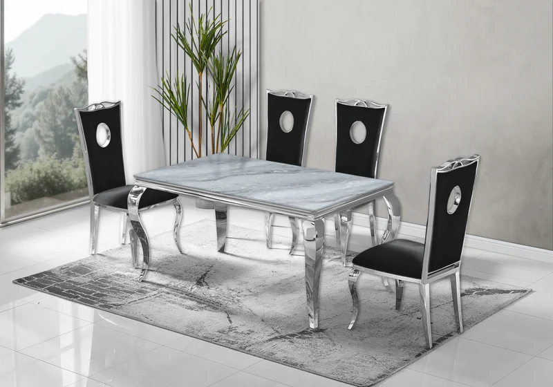 Ensemble table marbre gris et 4 chaises argent – Neo
