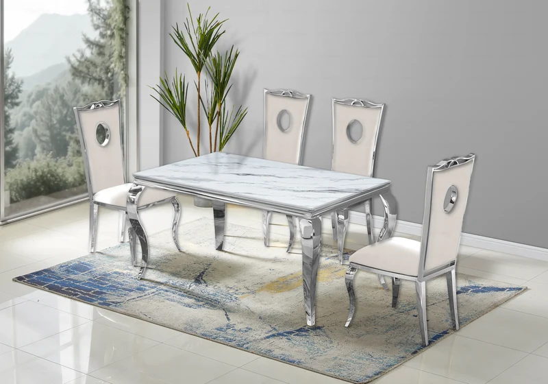Ensemble table marbre blanc et 4 chaises argent – Neo
