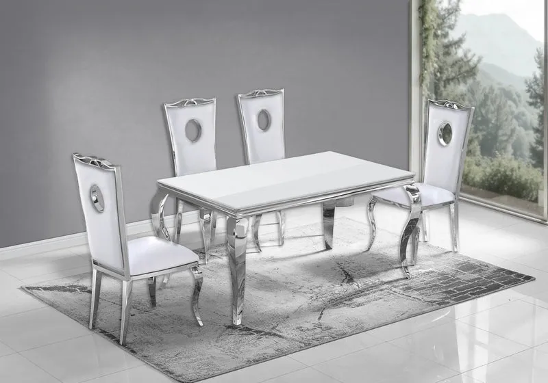 Ensemble table verre blanc et 4 chaises argent – Neo
