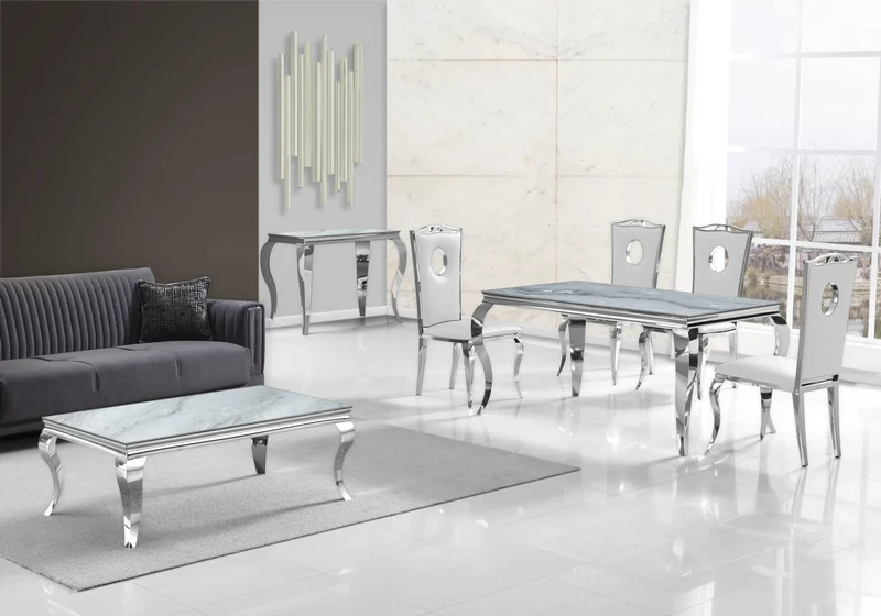 Salle à manger complète marbre gris argent – Neo