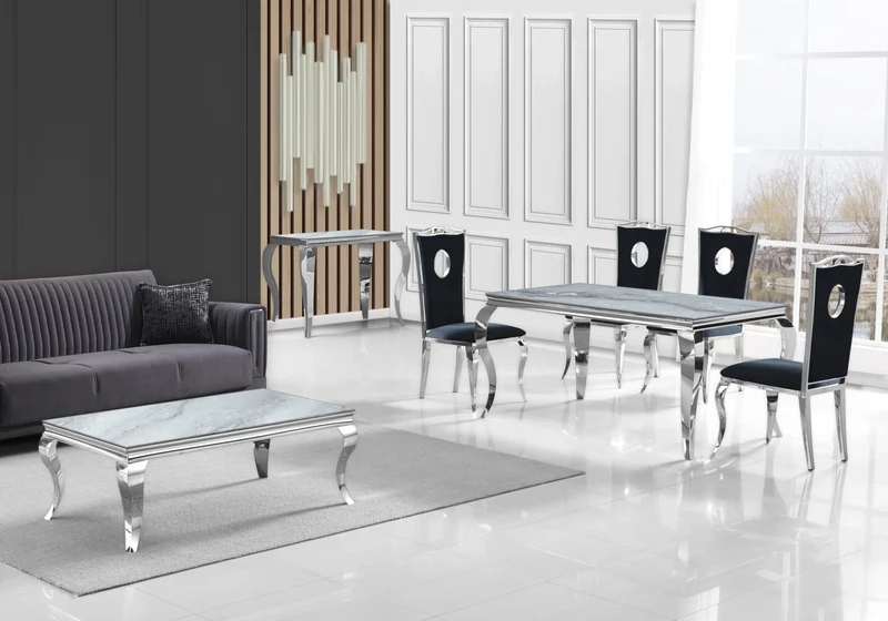 Salle à manger complète marbre blanc argent – Neo