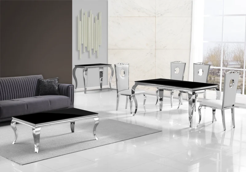 Salle à manger complète verre noir argent – Neo
