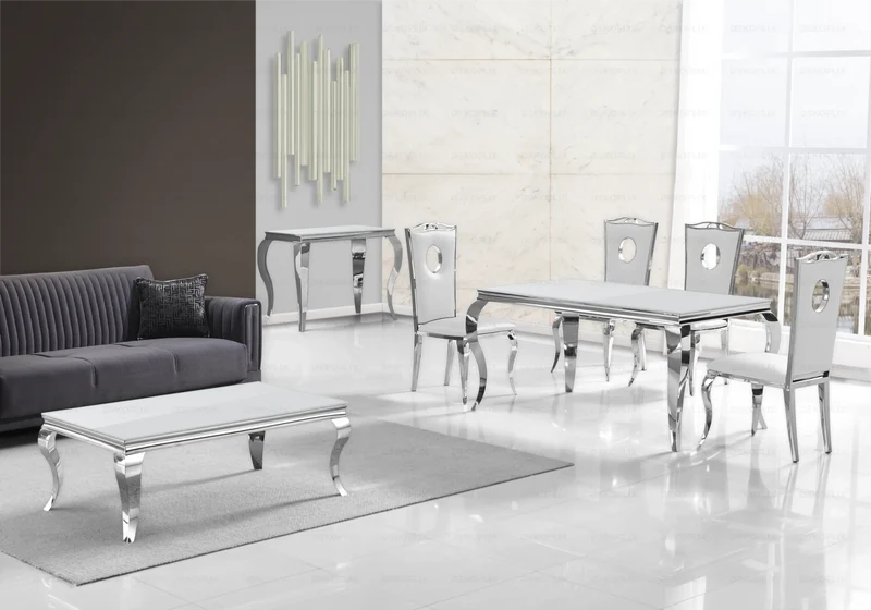Salle à manger complète verre blanc argent – Neo