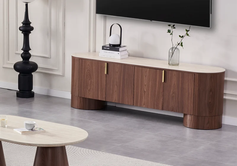 Meuble TV ovale noyer travertin - Monza