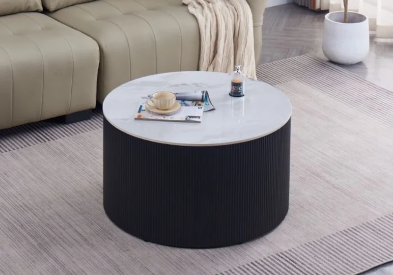 Table basse ronde marbre blanc cannelée noir - Ariel