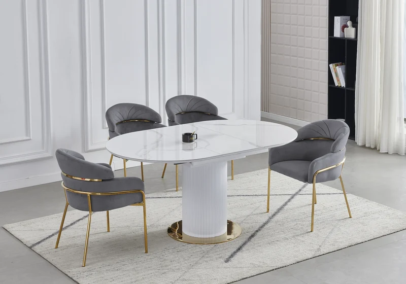 Ensemble table marbre blanc et 4 chaises grises - Leon