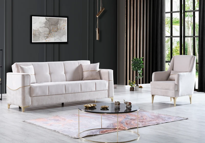 Canapé velours beige convertible avec coffre – LIVIA