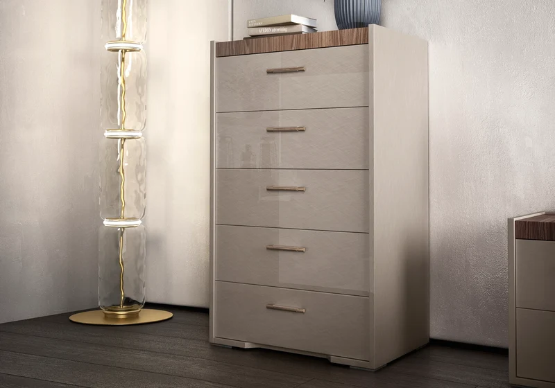 Chiffonnier 5 tiroirs bois corde et noyer design - Nora