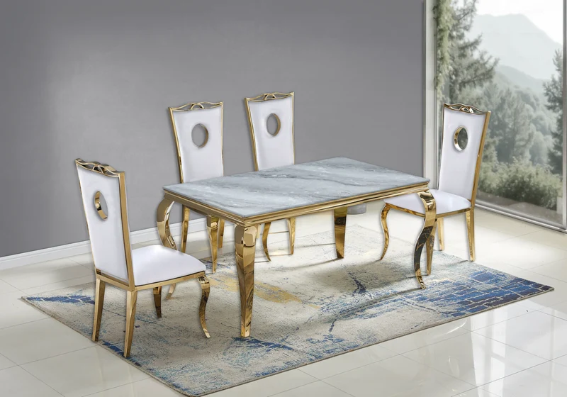 Ensemble table marbre gris et 4 chaises or – Neo
