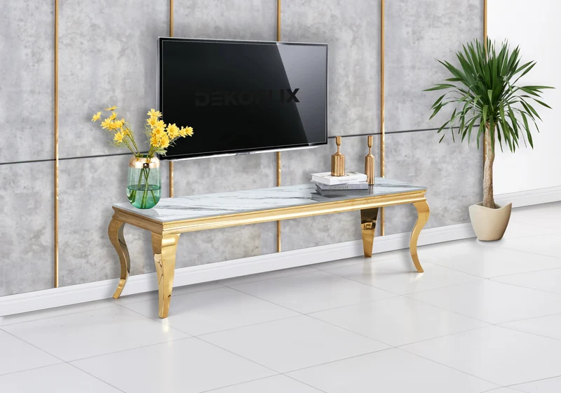 Meuble TV marbre blanc design doré - Neo