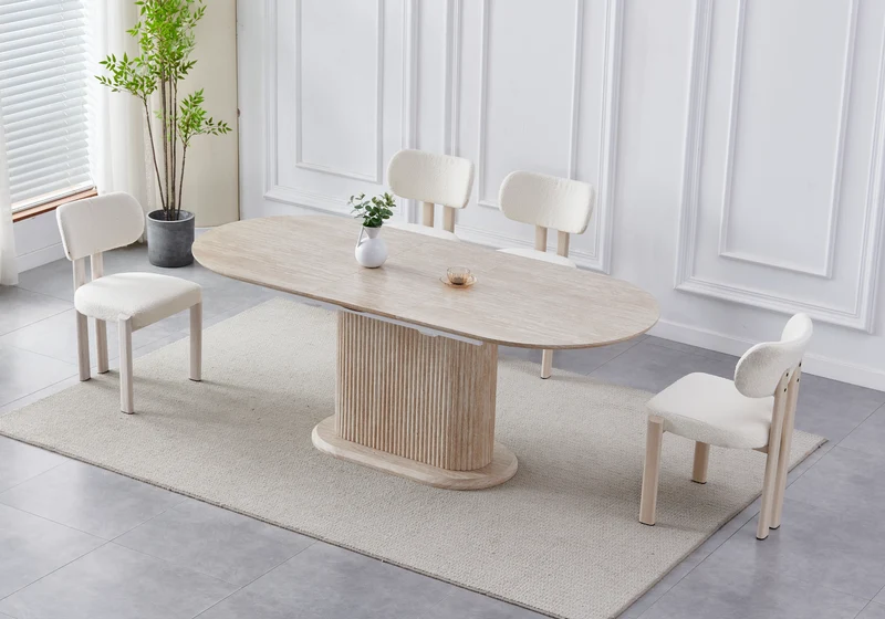 Ensemble table extensible travertin et 4 chaises - Inaya