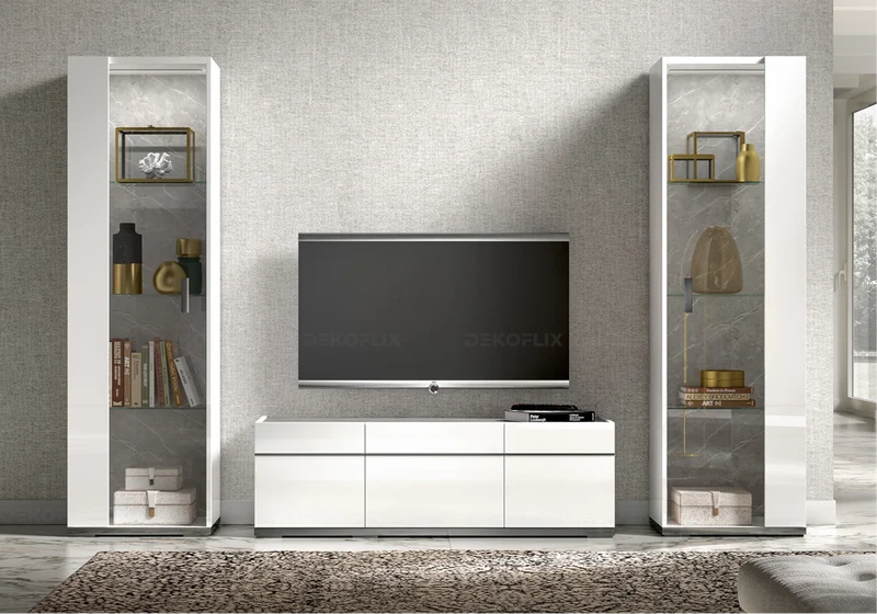 Meuble TV 3 ou 4 portes blanc laqué marbre gris - Mara