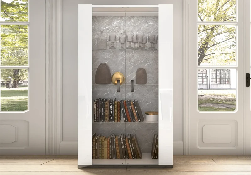 Vitrine 1 ou 2 portes blanc laqué marbre gris - Mara