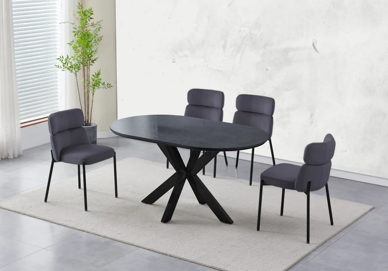 Table ovale pierre noir et 4 chaises noir – Nora