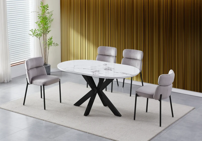 Table ovale marbre blanc et 4 chaises noir – Nora