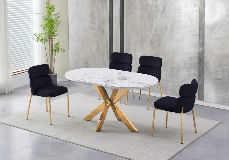 Table ovale marbre blanc et 4 chaises doré – Nora