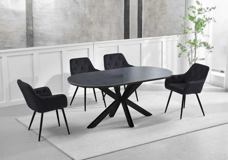 Ensemble table pierre noir et 4 fauteuils – Otho
