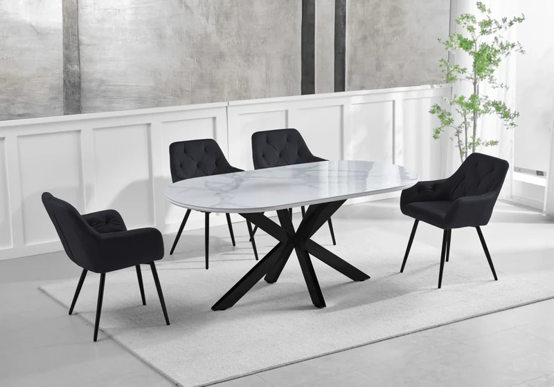 Ensemble table marbre blanc et 4 fauteuils – Otho