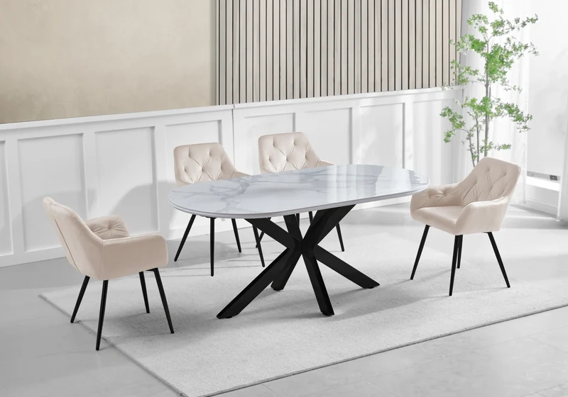 Ensemble table marbre blanc et 4 fauteuils – Otho