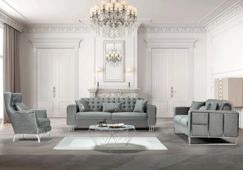 Canapé Turc Capitonné Velours Gris Design Métal Argent – RIBELLA