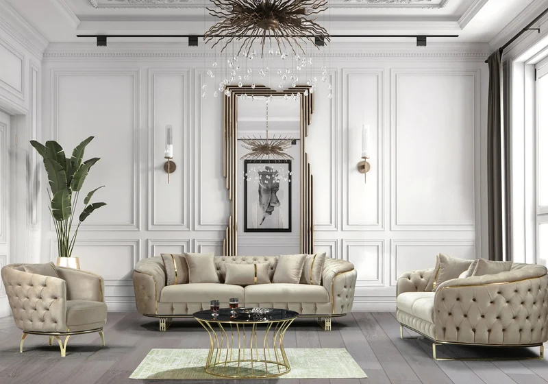 Canapé Turc capitonné velours beige et doré – Paris