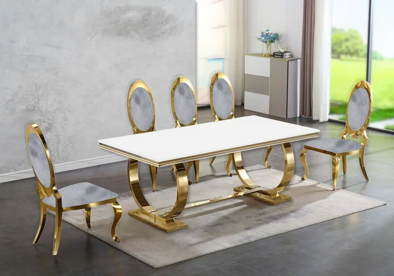 Table verre blanc et 4 chaises médaillon doré – Bobo