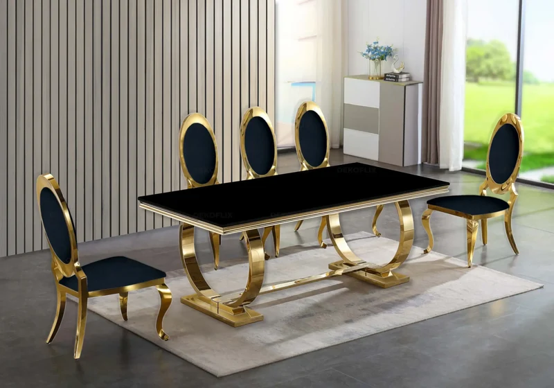 Table verre noir et 4 chaises médaillon doré – Bobo